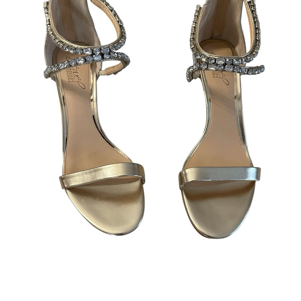 Jewel Badgley Mischka Celine Womens Gold Metal Open Toe Strappy Heels Sz 9.5 NIB - Picture 1 of 15